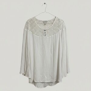 Ariat Women's Boho Crochet Yoke Flowy Hi-Low Long Sleeve Blouse Cream Size XL